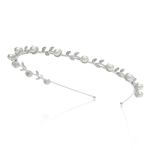 Pearl Silver Bridal Headband-Single Hair Band Tiara Flower Wedding Headpiece